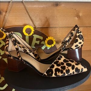 Gibson Latimer Calf Hair Leopard Print Point Toe Block Heel Ankle Strap Heel 8M